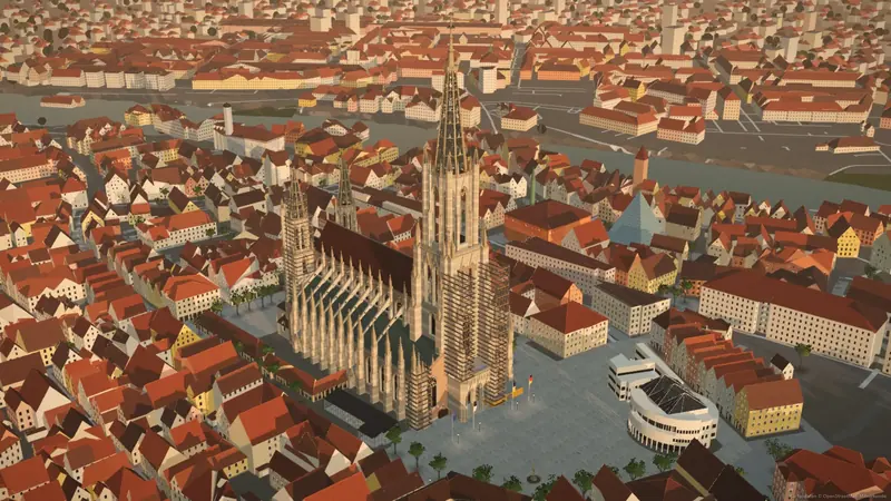 Münster und Münsterplatz mit Stadthaus aus der Luft im Abendlicht