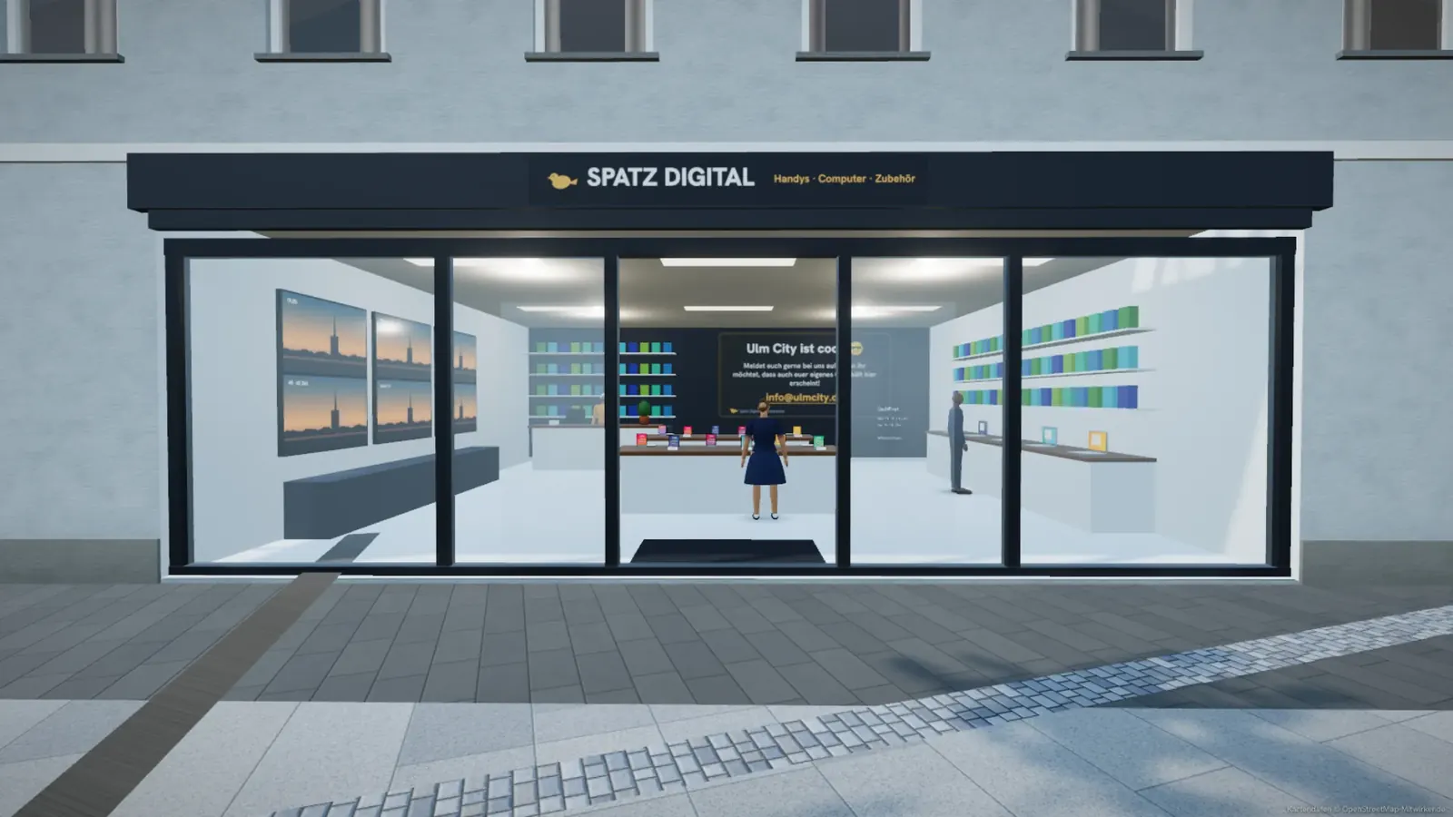 Das frei erfundene Elektrofachgeschäft „Spatz Digital“ am Münsterplatz im Spiel