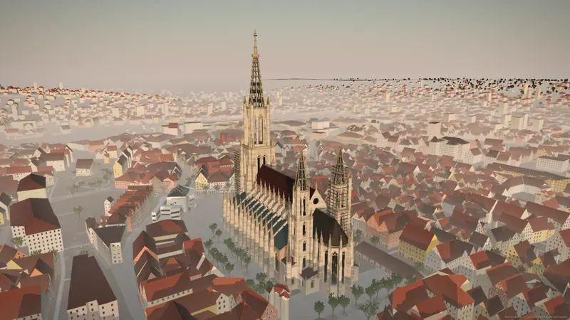 Das Münster ragt aus dem Morgennebel über der Altstadt