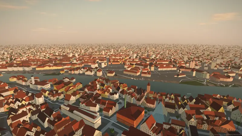 Aussicht von der obersten Turmgalerie über die Dächer bis zur Donau und nach Neu-Ulm