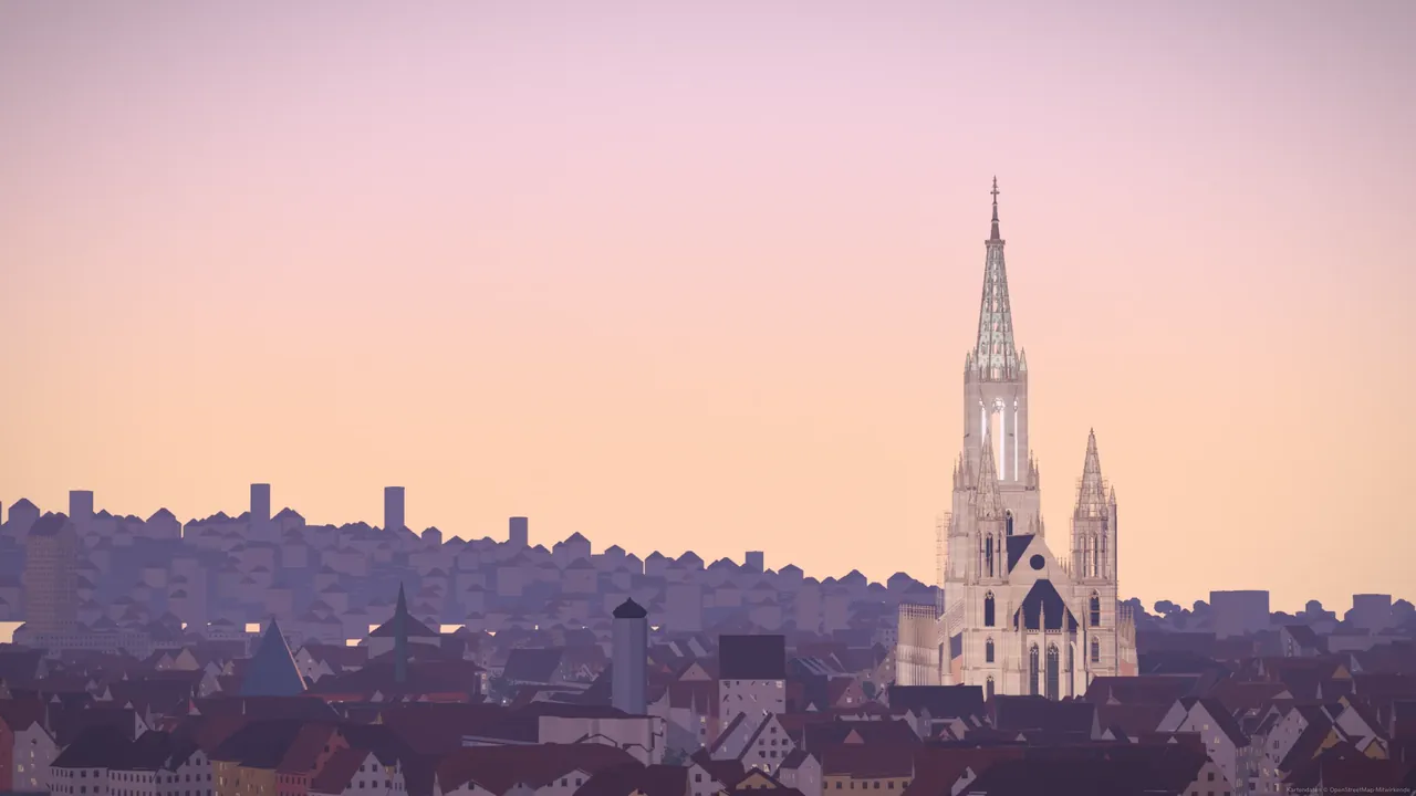 Das Ulmer Münster in der Abenddämmerung über den Dächern der Altstadt – Szene aus Ulm City